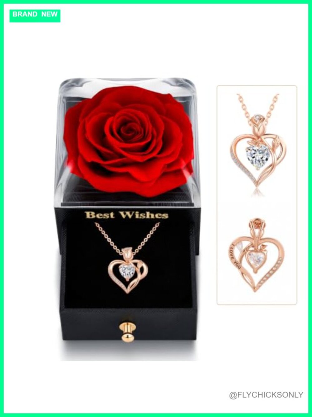 Real Preserved Rose Gift Box 1.2ct Heart Moissanite Necklace 18K Rose Gold